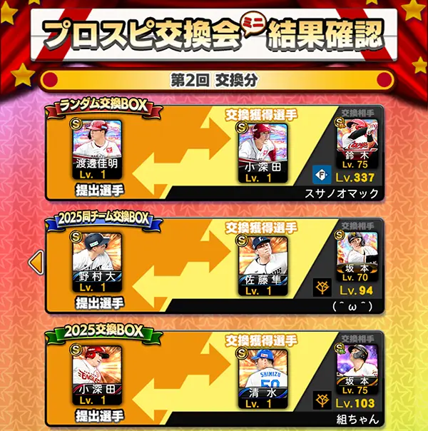 プロスピ交換会ミニ 第2回目の結果イメージ画像