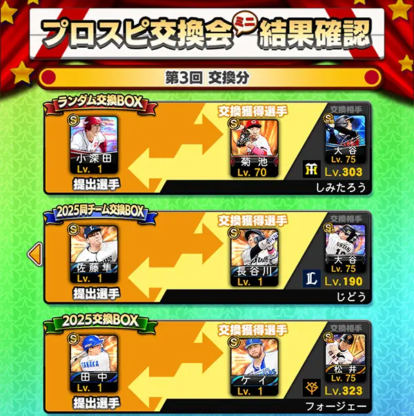 プロスピ交換会ミニ 第3回目の結果イメージ画像